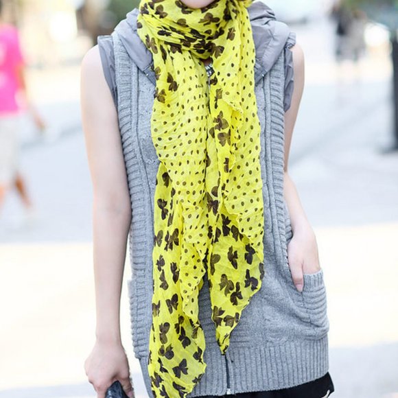 Accessories - Large butterflies & Dots Print Chiffon Scarf, Soft Shawl, Soft Scarves, Yellow